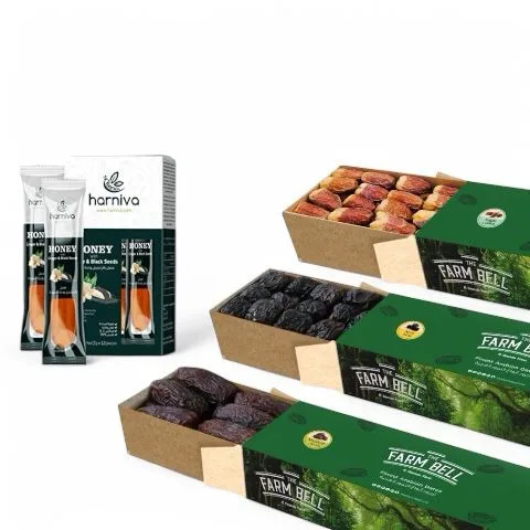 Premium Dates Combo Pack (Mejdoul, Ajwa, Royal Sagai) + Honey spoon with Ginger and Black Seeds